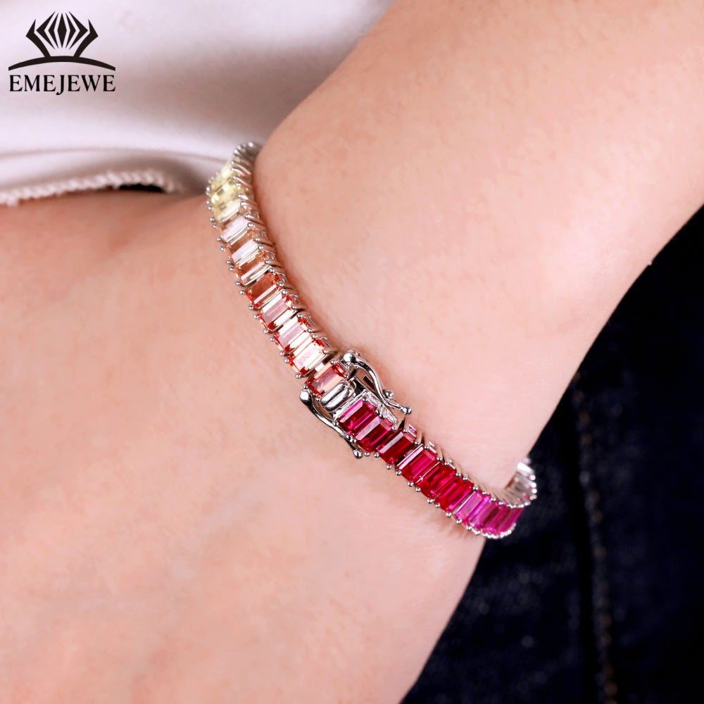 Lab Grown Emerald Cut Rainbow Sapphire Tennis Bracelet Tai Silver Platinum Plated 3*5mm Rich Color