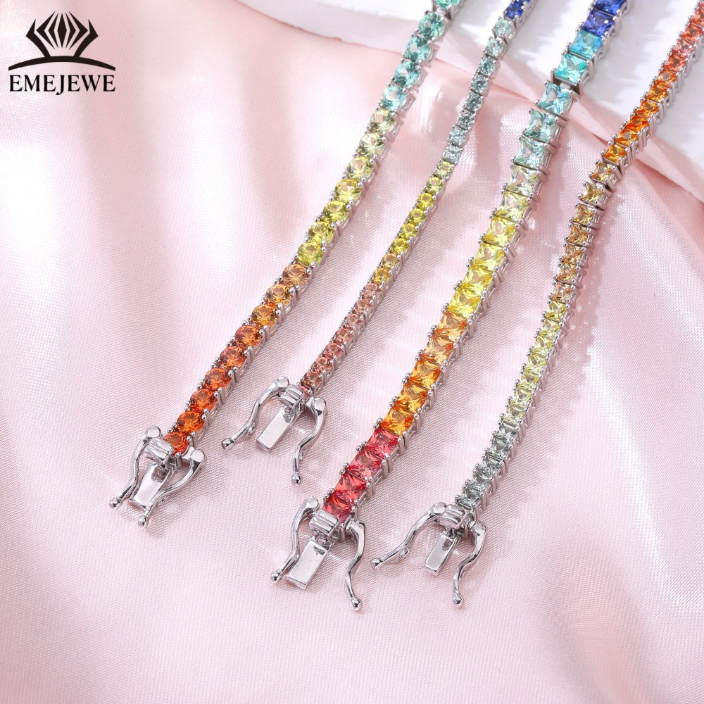 Lab Grown Emerald Cut Rainbow Sapphire Tennis Bracelet Tai Silver Platinum Plated 3*5mm Rich Color