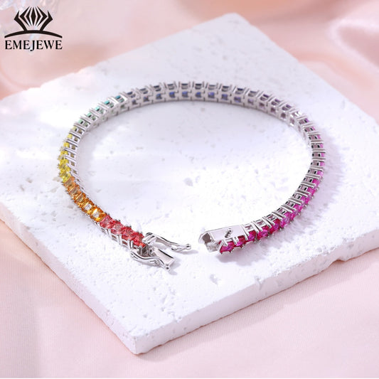 Lab Grown Princess Cut 2mm & 3mm Rainbow Sapphire Tennis Bracelet 925 Silver