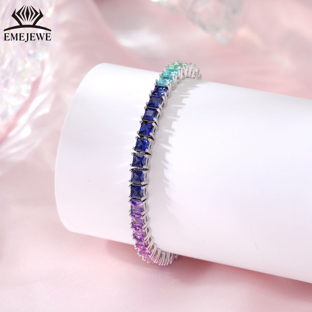 Lab Grown Princess Cut 2mm & 3mm Rainbow Sapphire Tennis Bracelet 925 Silver
