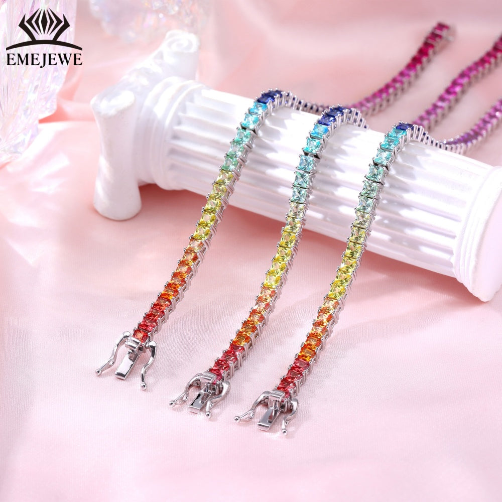 Lab Grown Princess Cut 2mm & 3mm Rainbow Sapphire Tennis Bracelet 925 Silver
