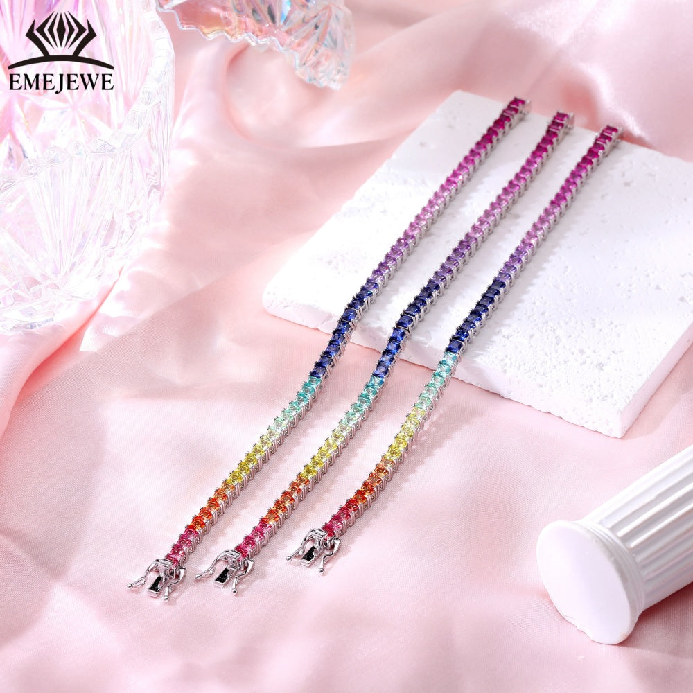 Lab Grown Princess Cut 2mm & 3mm Rainbow Sapphire Tennis Bracelet 925 Silver