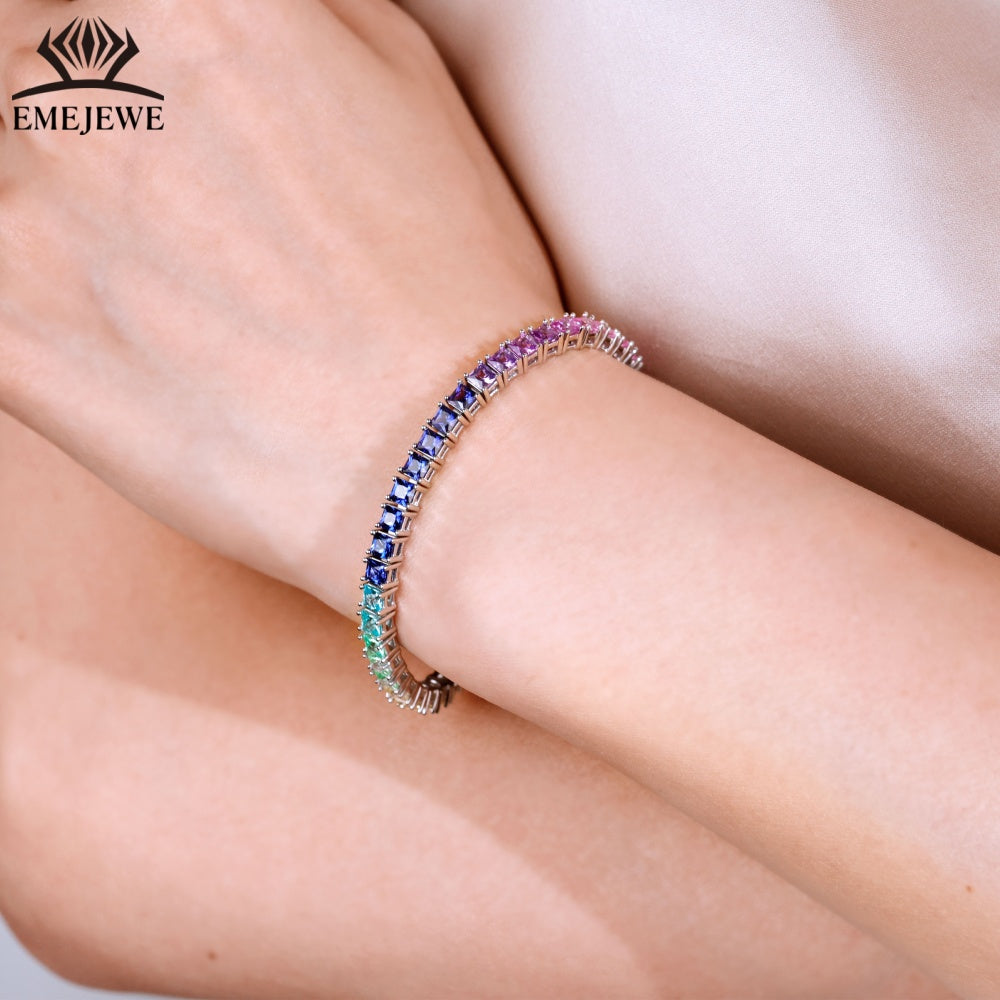 Lab Grown Princess Cut 2mm & 3mm Rainbow Sapphire Tennis Bracelet 925 Silver