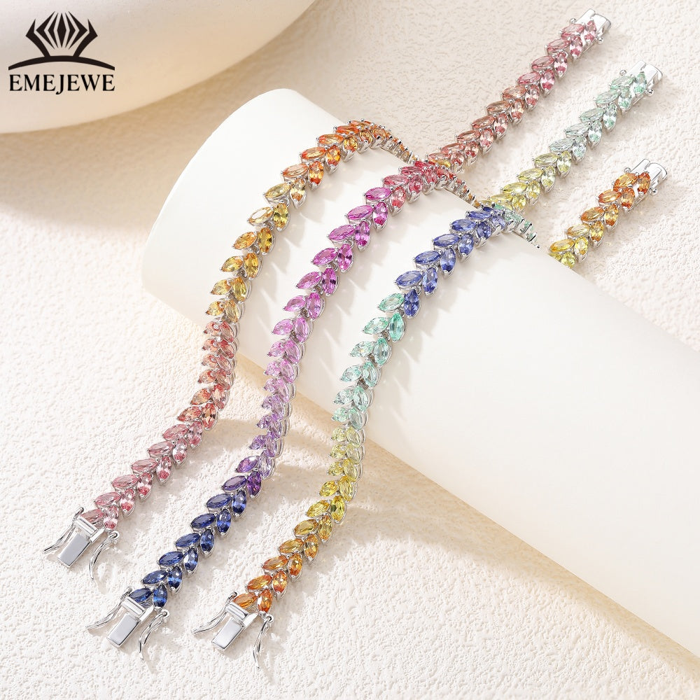 Double Line Marquise Cut Lab Grown Rainbow Sapphire S925 Bracelet