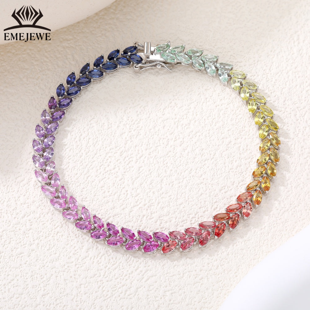 Double Line Marquise Cut Lab Grown Rainbow Sapphire S925 Bracelet