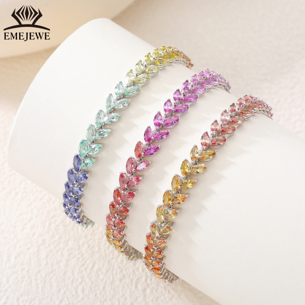 Double Line Marquise Cut Lab Grown Rainbow Sapphire S925 Bracelet