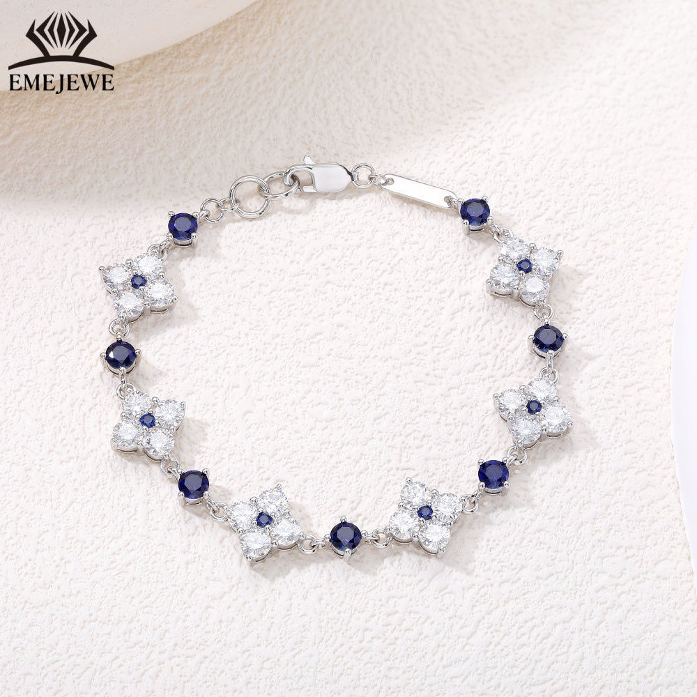 925 sterling silver Round Royal sapphire & white moissanite bracelet AGL Certified