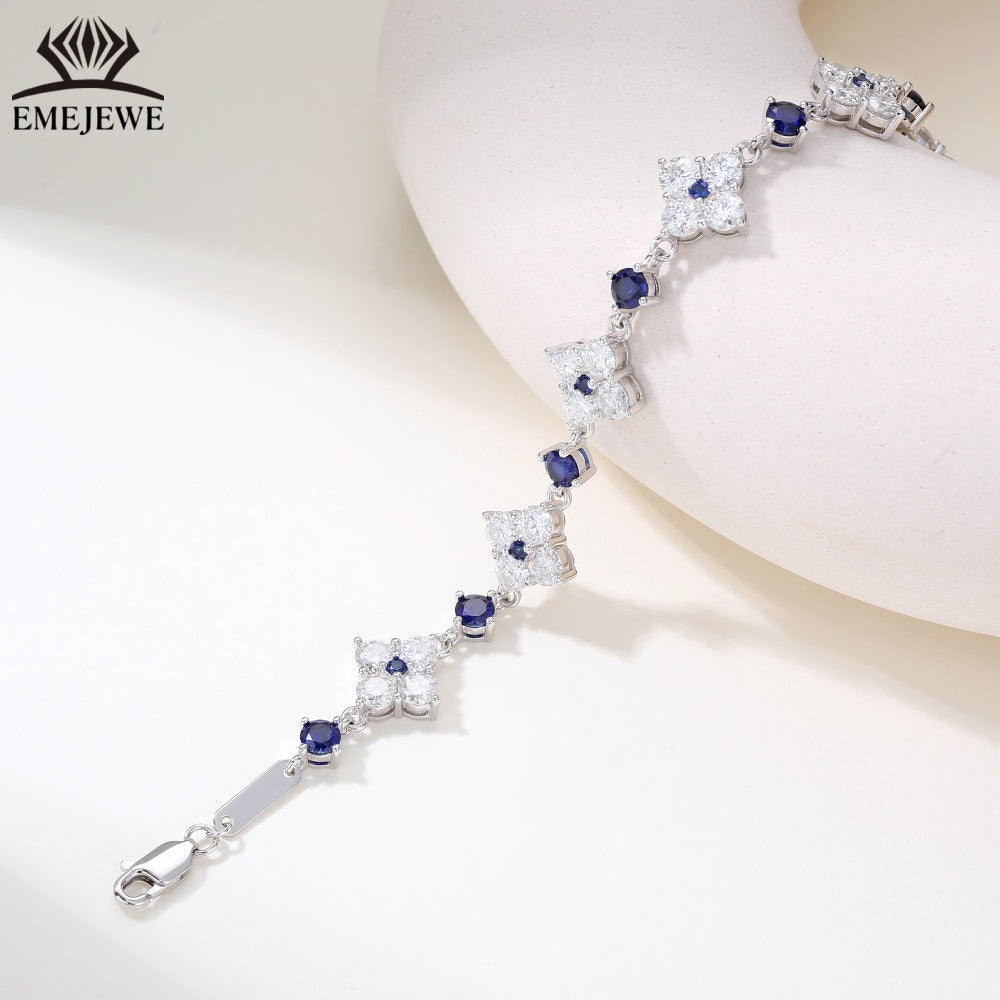 925 sterling silver Round Royal sapphire & white moissanite bracelet AGL Certified