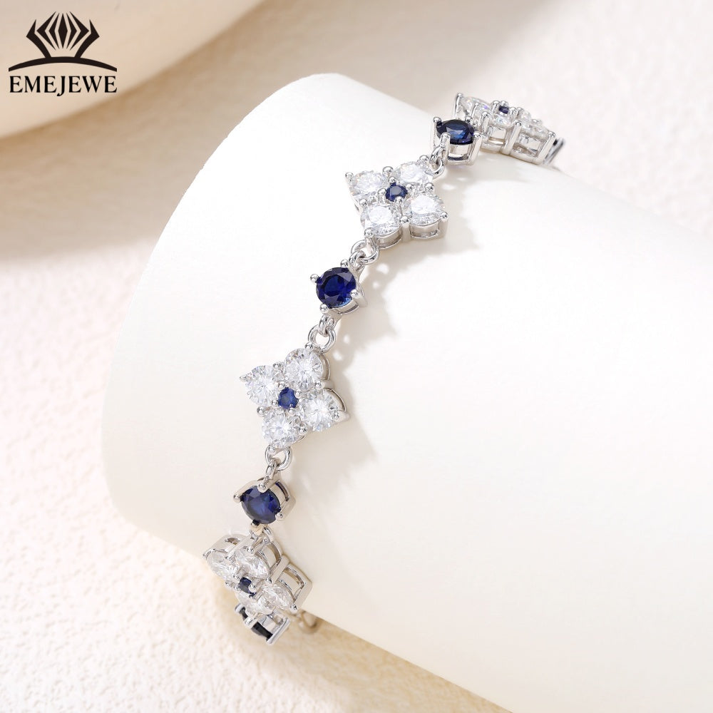 925 sterling silver Round Royal sapphire & white moissanite bracelet AGL Certified